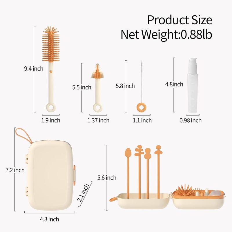 suvast 7in1 Travel Bottle Cleaner kit,Baby Essentials, with Bottle Brush、Nipple Brush、Straw Cleaner Brush、Soap Dispenser、Bottle Drying Rack、Drainage Tray、Storage Box,Baby Travel Essential (White) - Image 4